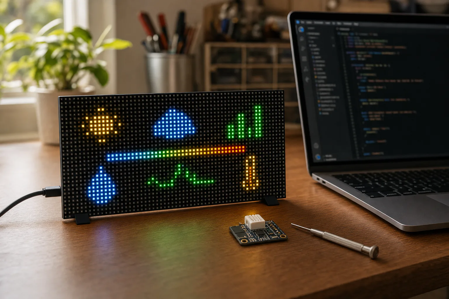 Open-source pixel display kit on a workbench beside a laptop