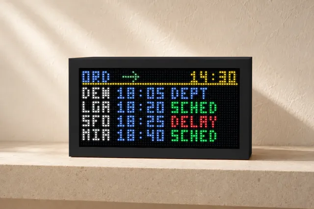 Mach 2 Lite in matte black showing an airport-style departure board