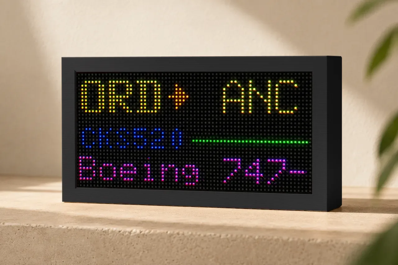 Mach 2 Lite LED flight tracker in a matte black case on a stone shelf, showing a flight from ORD to ANC