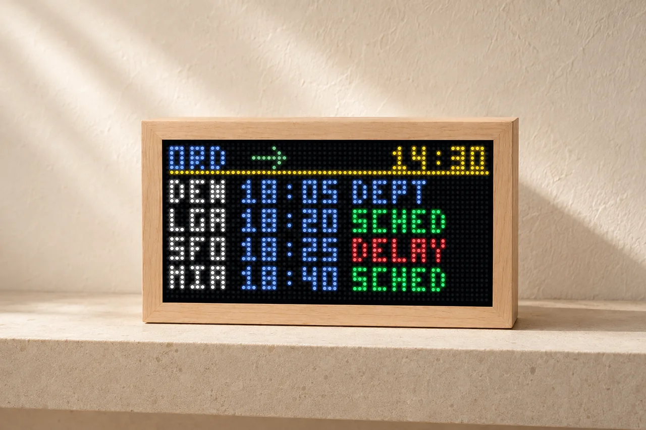 Maple Mach 2 showing an illustrative airport departure board