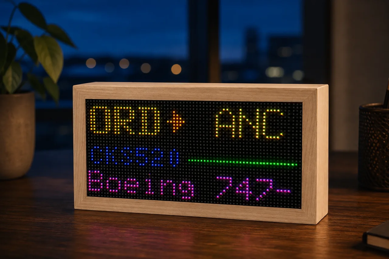 The maple Mach 2 glowing on a desk at dusk