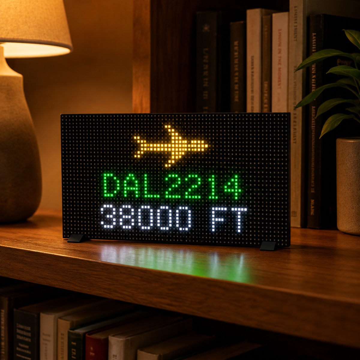 Open-source pixel display kit showing the flights overhead app — DAL2214 at 38,000 ft on a 64x32 LED matrix