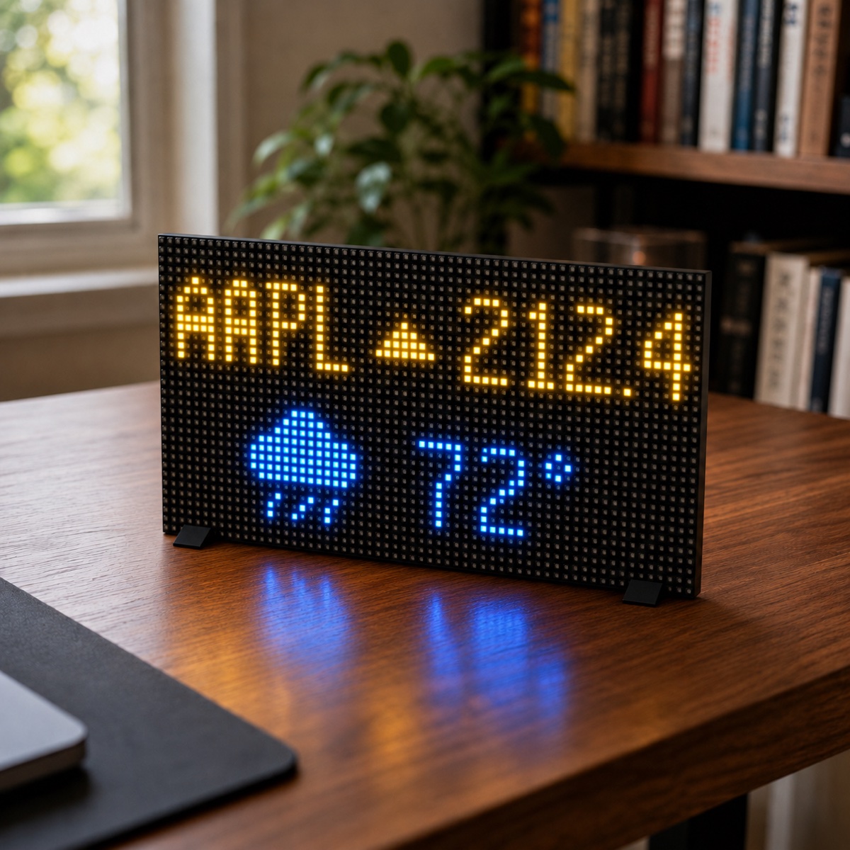 Open-source pixel display kit — 64x32 LED matrix showing a stock ticker and weather on a desk
