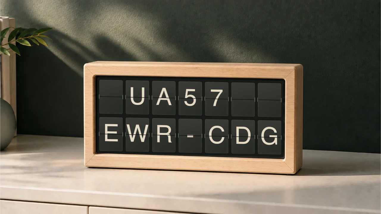 Concept rendering of a wood-wrapped mechanical split-flap flight display