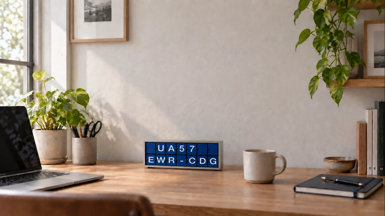 Small blue split-flap flight display in a slim steel case sitting on an office desk, concept rendering