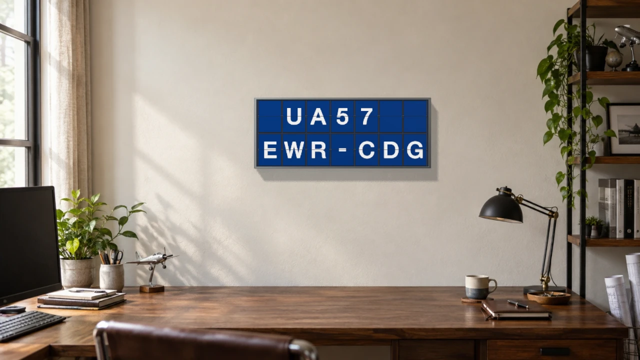 Blue split-flap flight display in a slim steel case on an office wall, concept rendering